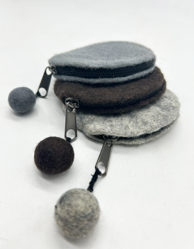 Handmade  Felted Wool Mini Pouch with Pom-Pom Zipper Pull